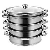 Aluminum Steamer Pot Steaming Pot 5 Layer Stainless Steel Steamer Pot Steaming Cookware Saucepot With With Tempered Glass Lid 28cm Cooking Pots Dim Sum Steamer Basket Color Silver Size 28 CM
