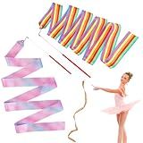 Amaxiu 2 Fitas De Dança De 78 7 Polegadas Fitas De Ginástica Cintilantes Arco íris Com Varinha Fitas Rítmicas Para Crianças Meninas Adultos Treinamento Artístico De Dança