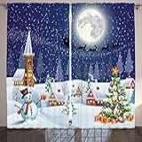 Ambesonne Cortinas De Natal Temporada De Inverno Boneco De Neve árvore De Natal Papai Noel Trenó Lua Caixas De Presente Neve E Estrelas Conjunto De 2 Painéis De Cortinas De Janela De Sala De