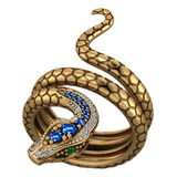 Anel Cobra Serpente Dourado Pedras Azul