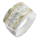 Anel Em Prata Feminino Pedras Zircônias 2 Filetes Ouro 12k