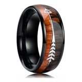 Anel Flecha Preto 8mm Tungstênio Madeira Central Luxuoso 8mm