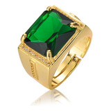 Anel Masculino Ajustável Banhado Em Ouro Verde Esmeralda