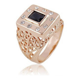 Anel Masculino Aro 25 Quadrado Banhado Ouro Rose Onix Negra