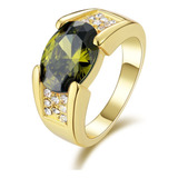 Anel Masculino Banhado Em Ouro Quartzo Verde Peridoto Oval