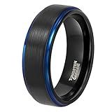 Anel Masculino De Carboneto De Tungstênio Preto De 8 Mm Com Borda Escalonada Azul Acabamento Escovado Fosco Ajuste Confortável 10 Tungstênio Carboneto De Tungstênio Na