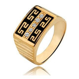 Anel Masculino Moderno Banhado Em Ouro Enamel Negro Cristal