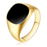 Anel Masculino Quadrado Banhado Em Ouro Com Enamel Negro