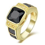 Anel Masculino Quadrado Banhado Em Ouro Quatro Onix Negra