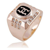 Anel Masculino Quadrado Banhado Em Ouro Rose Enamel Cristal