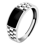 Anel Masculino Regulável Ágata Ônix Prata Preto Rock Casual