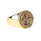 Anel Medalha De São Bento Masculino Aço Inoxidável Regulável Dourado