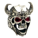 Anel Viking Medieval Caveira Prata De Lei 950 Pedra Vermelha