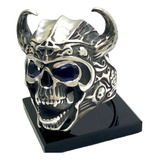 Anel Viking Medieval Caveira Prata Lei 950 Olho Azul Safira