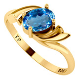 Anel Wings Prata 925 Dourada Ouro 18k Água Marinha Oval