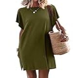 ANRABESS Vestido Feminino De Verão Manga Curta Casual Solto Fenda Praia Mini Vestido Túnica Top Verde Militar M