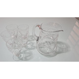 Antiga Jarra Cristal Lapidado Com 5 Taças