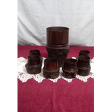 Antigo Conjunto Jarra E Copos De Madeira