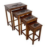 Antigo Conjunto Mesa Lateral Ninho Chinesa Madeira Entalhada