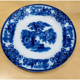 Antigo Prato Azul Com Decoração Tipo Borrão Inglês