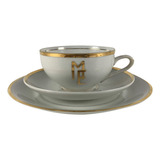 Antigo Trio De Cha Porcelana Monogramada Borda Ouro