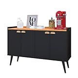Aparador Buffet Kiev Cantinho Café Decoração Sala Jantar Estar Cozinha 4 Portas Puxador Concha Prateleira Interna Organizadora RPM Móveis Preto Cinamomo 