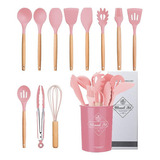 Aplausi Kit 12 Utensílios De Cozinha Em Silicone E Cabo De Madeira Cor Rosa