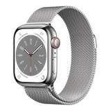 Apple Watch Series 8 Gps   Cellular   Caixa Prateada De Aço Inoxidável 41 Mm   Pulseira Prateada Estilo Milanês