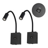 Arandela Cabeceira Leitura Led 3w Usb Com Interruptor Kit 2 Cor Preto 110v 220v