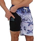 Arcweg Calção De Banho Masculino Com Forro De Compressão 2 Em 1 23 Cm- Roupa De Banho Masculina De Secagem Rápida Para Surfe Verão Praia- Coqueiro 1- PP