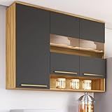 Armário Aéreo De Cozinha 120cm Com 3 Portas Vidro Reflecta E Nicho 100 Mdf Itália Amêndoa Chumbo