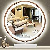 ARUMMA Espelho De LED Redondo De Madeira Para Banheiro De 76 Cm Com Moldura De Madeira Espelho Redondo Iluminado Com Luzes 3 Cores Regulável Antiembaçamento Círculo De Madeira Espelho De LED Para Parede De Banheiro Espelho Redondo Com Iluminação Inteligente