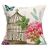 Asminifor Capa De Almofada Decorativa Vintage Rústica Com Flores De Jardim Hortênsia Estilo Europeu Gaiola De Pássaro Borboleta Algodão Linho Fronha Para Sofá Para Casa RG Gaiola De Pássaro 45 7 X