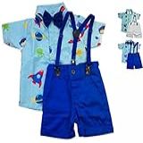 Astronauta Kit Roupa Conjunto Infantil Menino 4 Peças Camisa Gravata Bermuda E Suspensório Aniversário Mesversário  6 A 11 Meses  Azul Royal 