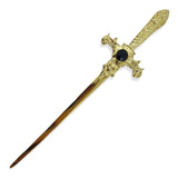 Athame De Metal Dourado Brilhante E Pedra Preta Com 15cm