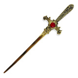 Athame De Metal Dourado Envelhecido Pedra Vermelha 15cm