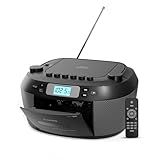 Audiobox Leitor De CD E Cassete Portátil Bluetooth 5 3 Boombox Rádio AM FM USB MicroSD Entrada AUX Alimentação Dupla AC Bateria Com Controle Remoto Preto