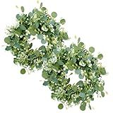 Avoik 2 Grinaldas Verdes De Eucalipto Para Porta Da Frente Folhas Artificiais De Eucalipto De 30 Cm Com Guirlanda De Flores Brancas Para Primavera Verão Para Casamento Parede Janela Festival 
