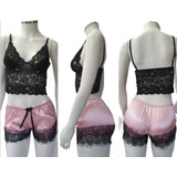 Baby Doll Rose Renda Conjunto Lingerie Pijama Cetim Shorts