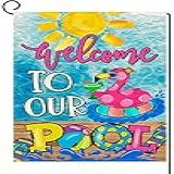 Baccessor Bandeira De Jardim De Piscina De Verão Vertical Dupla Face Verão Bem Vindo à Nossa Piscina Bandeira De Quintal Pequeno Dupla Face 30 X 45 Centímetros Serapilheira Vertical Sazonal Fazenda