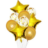 Balão Bexiga Metalizado E Látex Kit Buque 9 Peças Dourado