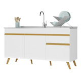 Balcão Cozinha Gabinete Pia 150cm 3 Portas 1 Gaveta Veneza Multimóveis V2072 Cor Branco dourado
