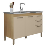 Balcão De Cozinha C Tampo Inox 120cm Luna Carvalho Offwhite