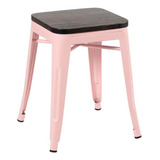 Banco Baixo Tolix Assento Madeira Rústica Escura Rosa Antigo Cor Rosa Antigo Madeira Rústica Escura