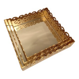 Bandeja Arabesco Provençal Mdf Pintada Dourada Com Espelho