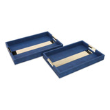Bandeja Retangular Mdf E Metal Azul Com Dourado Kit 2 Peças