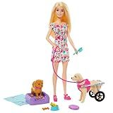 Barbie Conjunto De Brinquedo Passeio De Animais De Estimação Com Cadeira De Rodas 1 Boneca 2 Cachorros E Acessórios