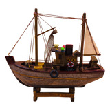 Barco Pesqueiro 20cm Madeira Miniatura Decoração