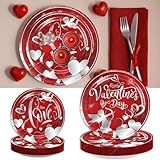 BASEMMAHER 20 Peças Pratos De Papel Para O Dia Dos Namorados Suprimentos De Festa Vermelho Adorável Coração Cupido Louça Descartável 7 Dessert 9 Conjunto De Talheres Para Casamentos Noivados 