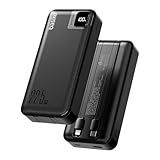 Basike Power Bank- Carregador Portátil Universal 20000mAh- USB-A-até 22-5W--USB-C-até PD20W-- Com 2 Cabos Integrados -USB-C- Lightning- Carregamento Rápido- Led Indicador De Bateria -Preto-